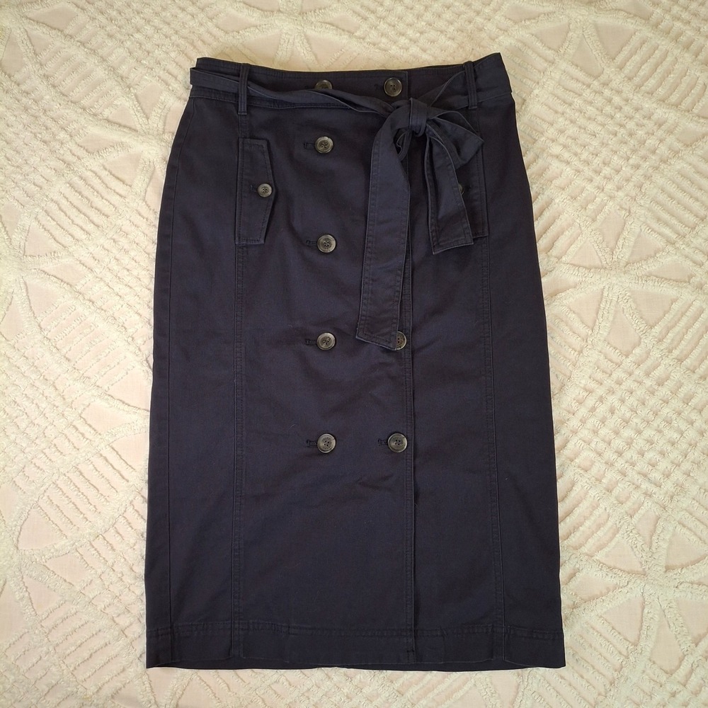Talbots Womens 6 Trench Skirt Navy Blue Double Breasted Belted Midi Cotton NWT